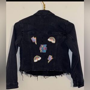 Girls Black Denim Jacket NWOT Custom Patches Sz 7/8 FREE SHIPPING